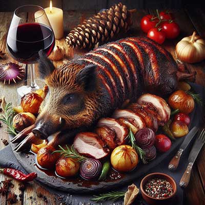 KI-Wildschweinbraten mit Kopf und Füßen