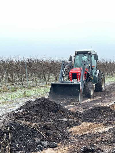 Der Trester wird mit dem Frontlader auf den Streuer aufgeladen. Der Trester wird mit dem Frontlader auf den Streuer aufgeladen.